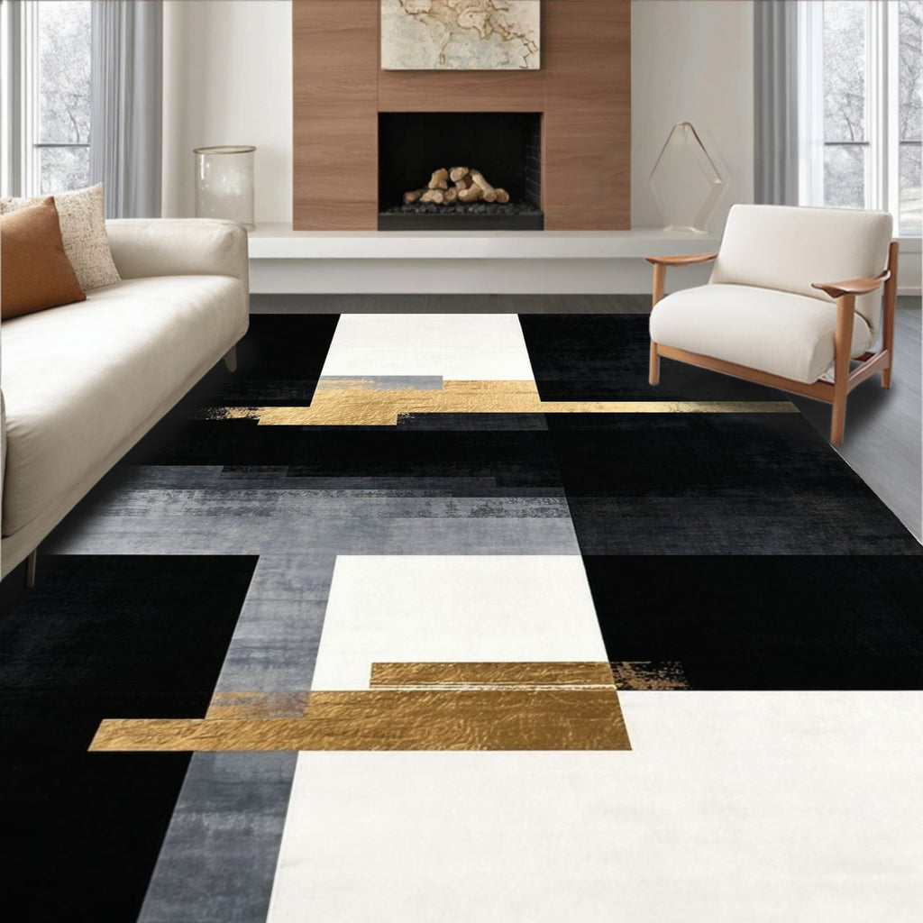 Sleek Geometric Black White Gold Rug