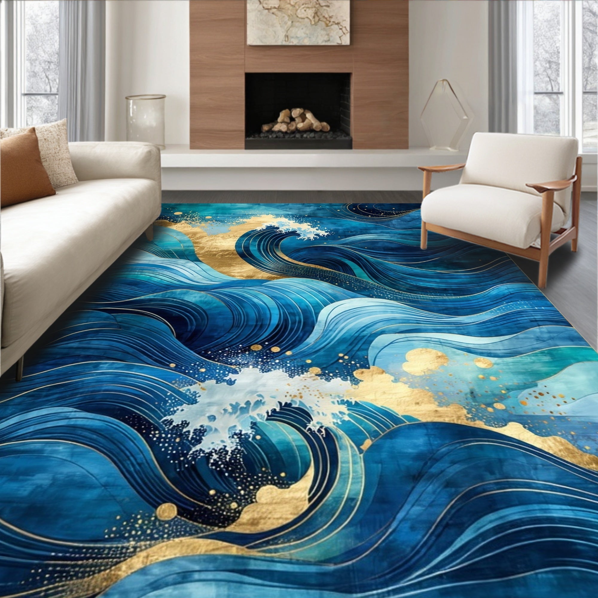 Tranquil Blue Gold Wave Rug