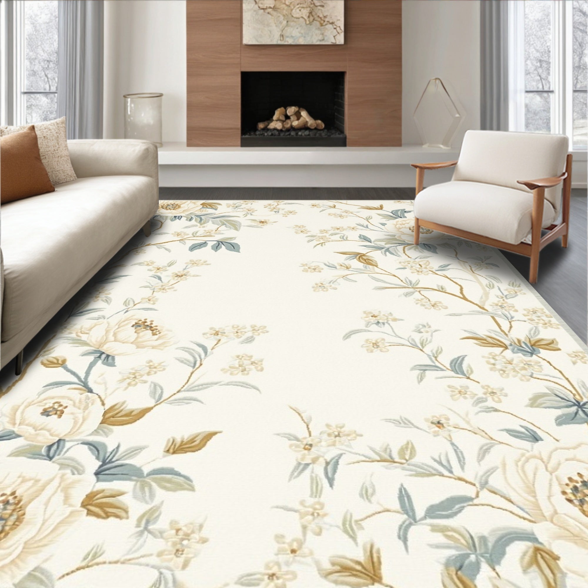 Serene Cream Floral Rug(Ivory)