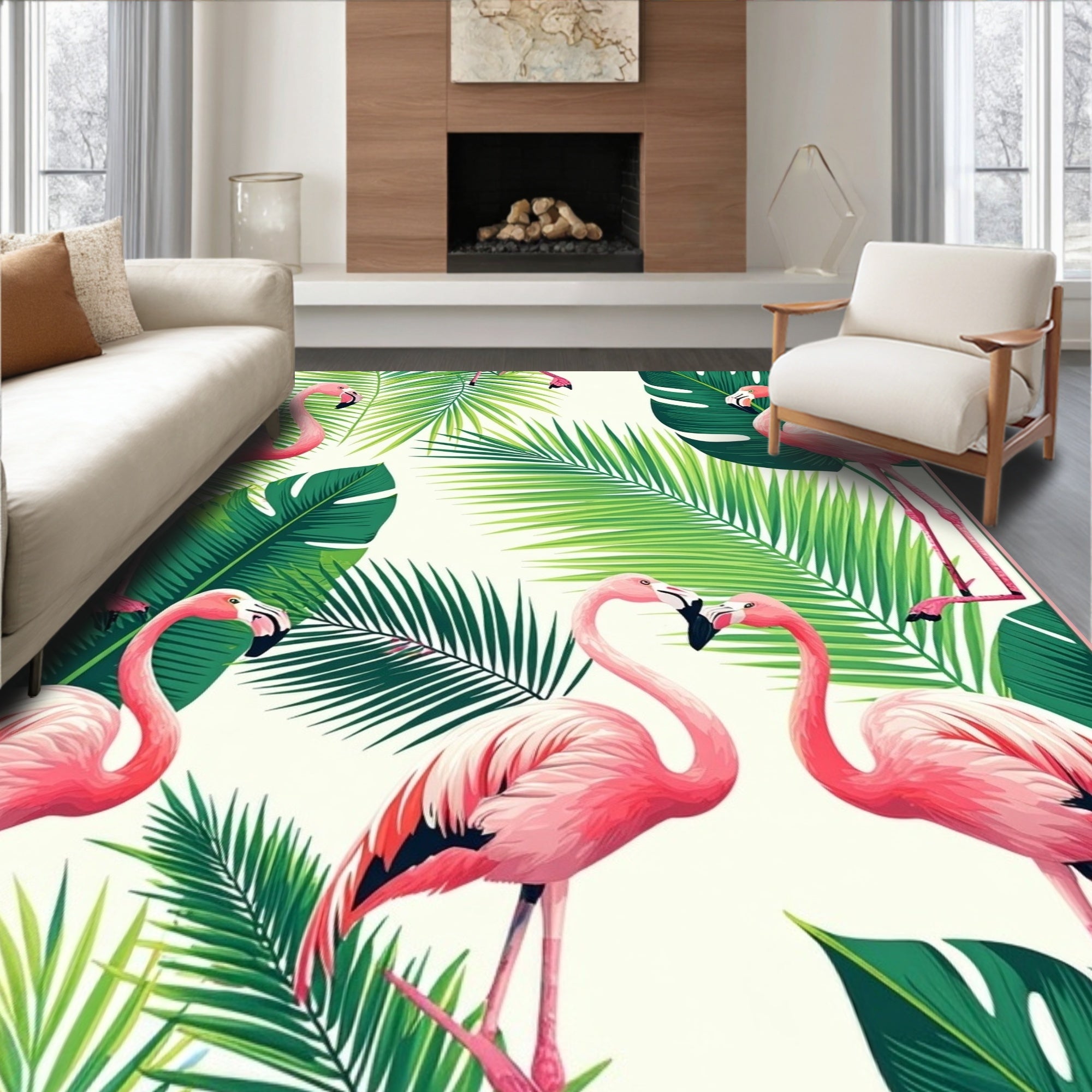 Vibrant Tropical Flamingo & Leaf Rug
