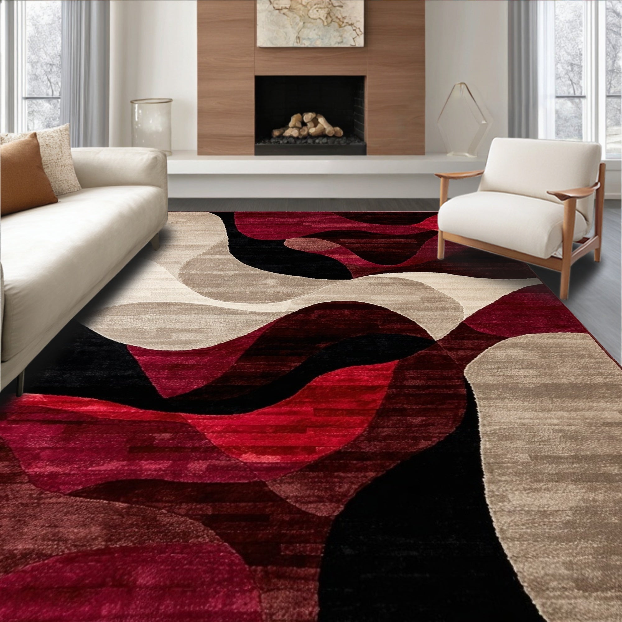 Vibrant Abstract Flow Red Black Beige Rug