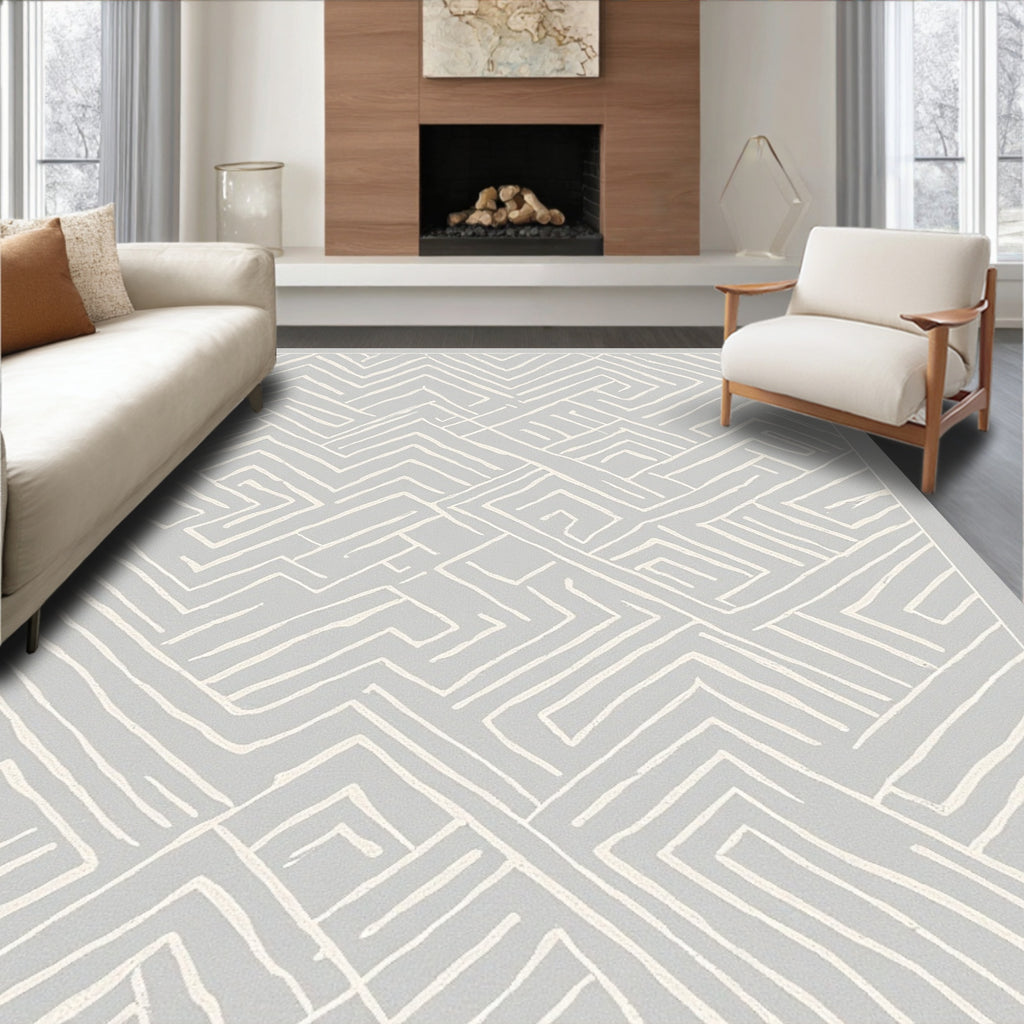 Gray Geometric Maze Modern Rug(Gray)