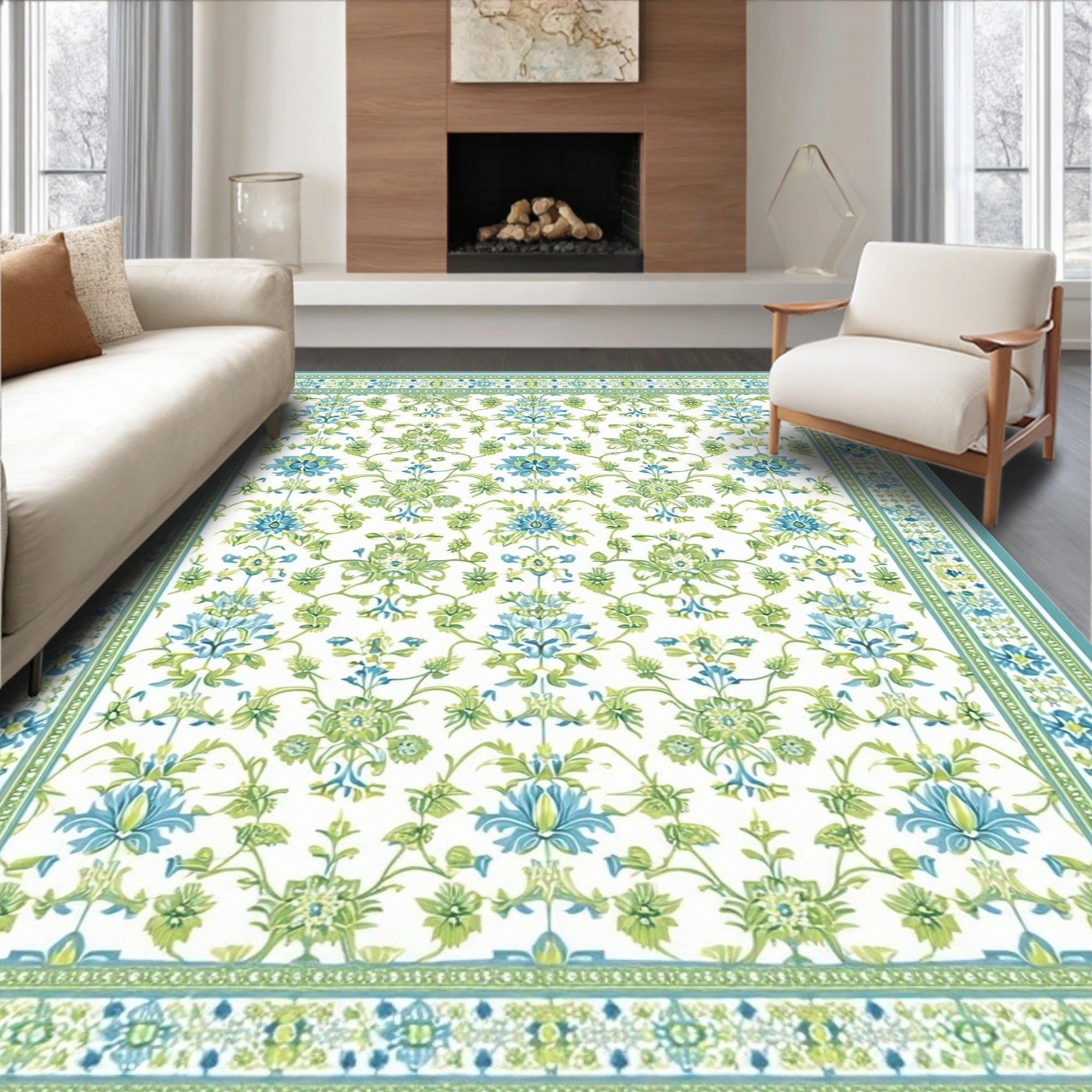 Teal & Green Floral Cheerful Rug(White)