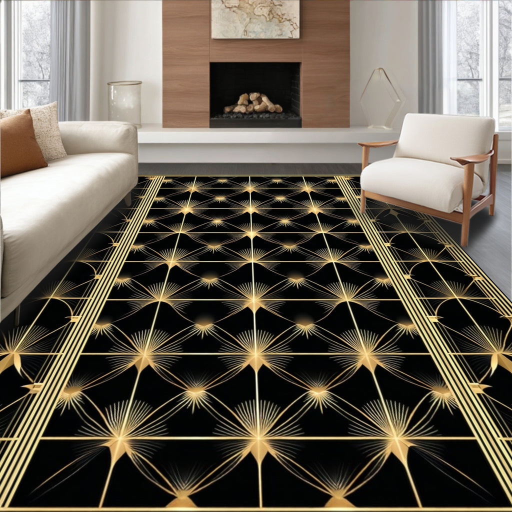 Glamorous Black Gold Geometric Rug(Black)