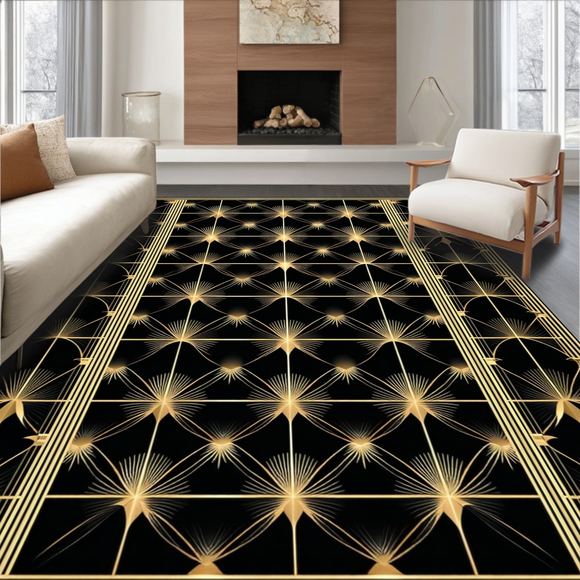 Glamorous Black Gold Geometric Rug(Black)