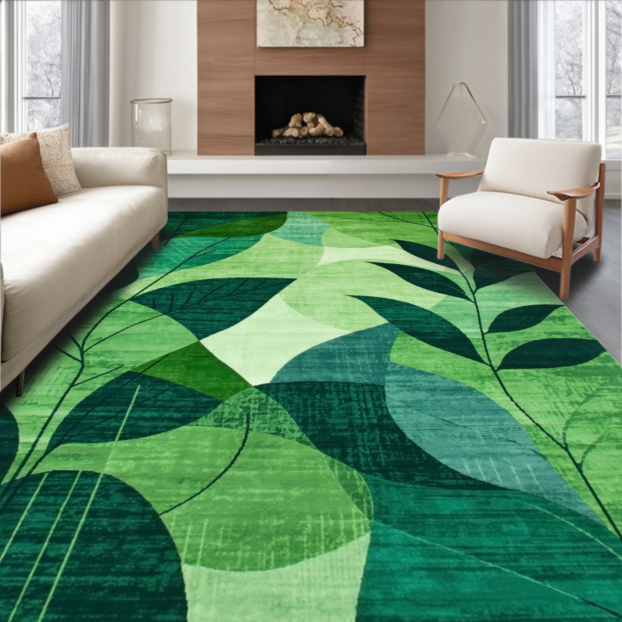 Vibrant Green Leaf Pattern Calming Rug