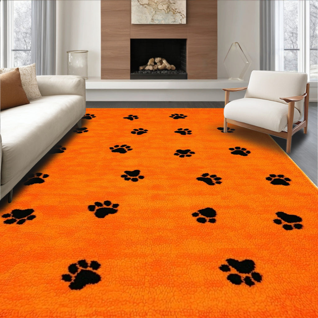 Orange Playful Paw Print Rug(Orange)