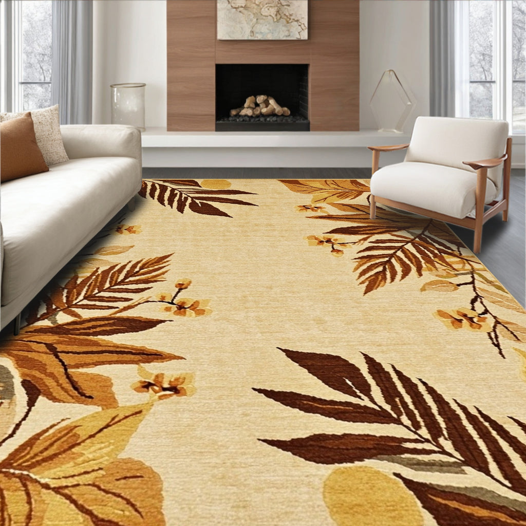 Beige Tropical Leaves Warm Rug