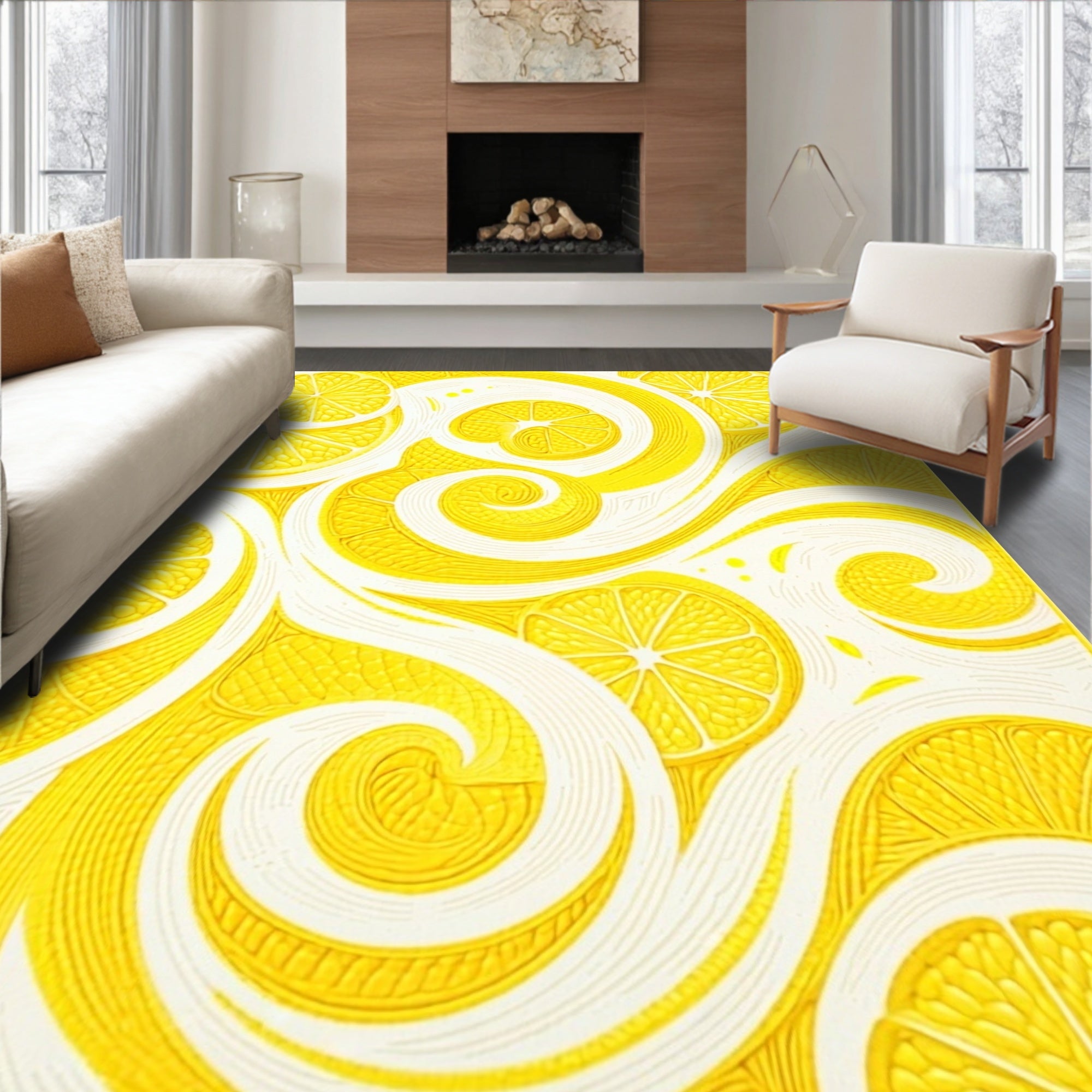Bright Yellow Lemon Swirl Cheerful Rug
