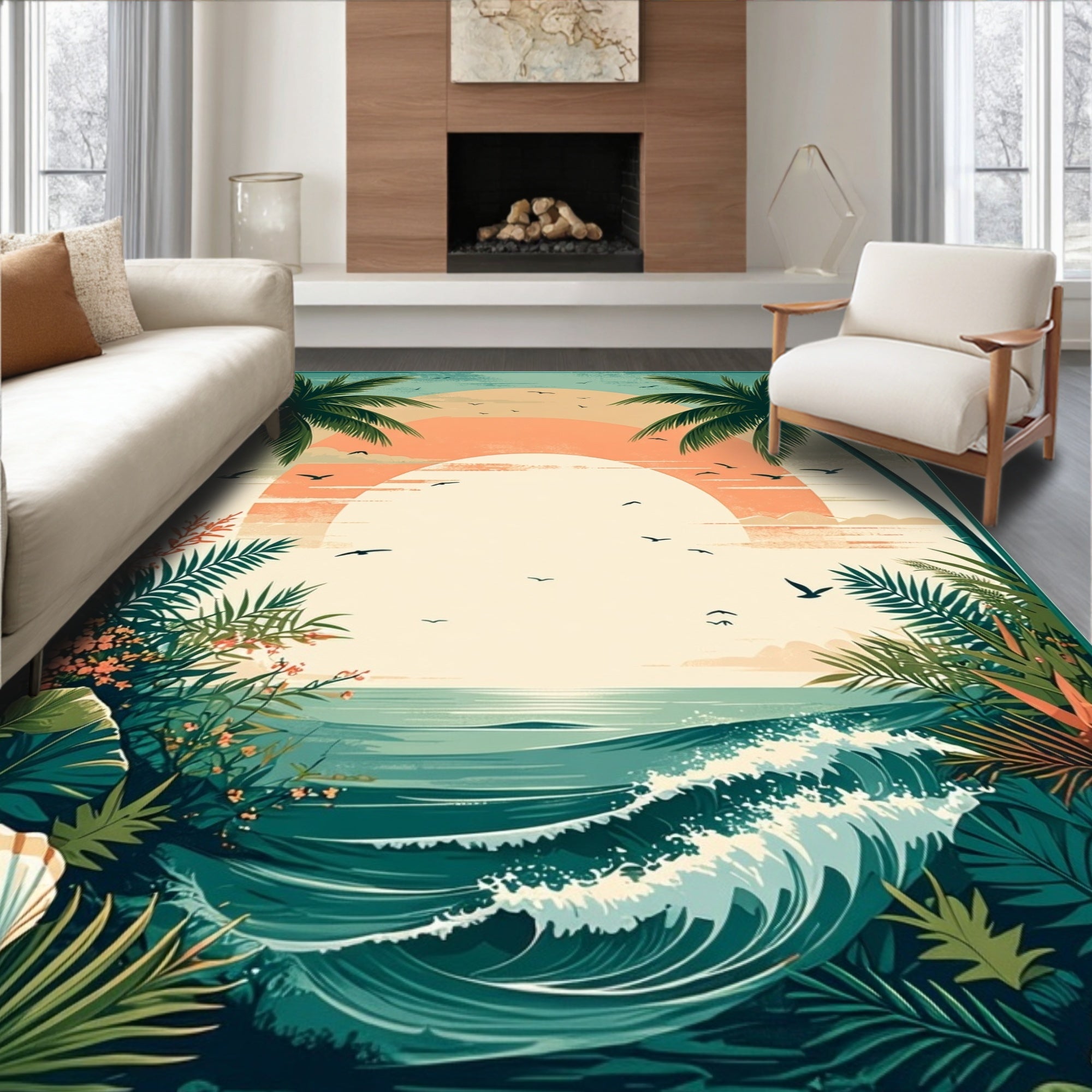 Teal Orange Tropical Sunset Coastal Rug