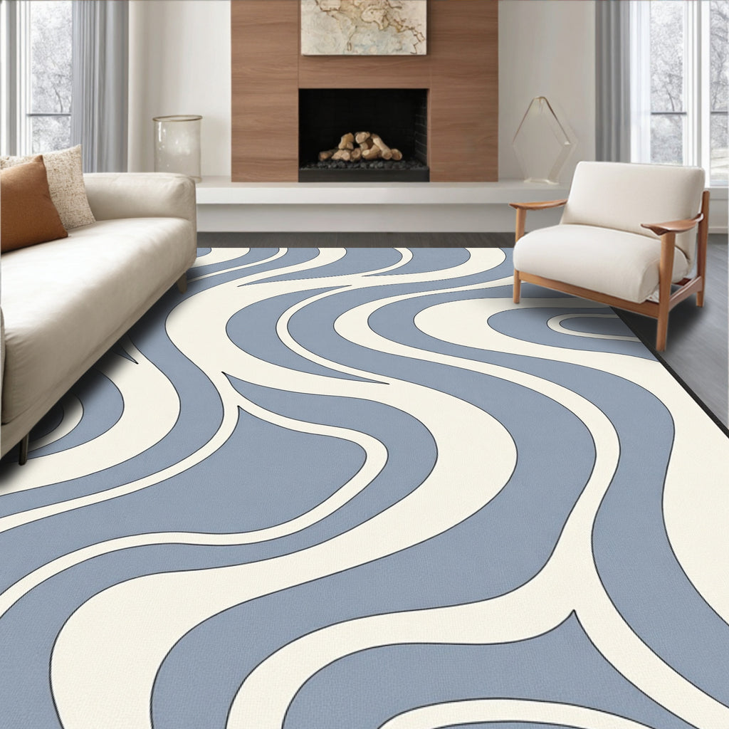 Blue and Cream Flowing Wave Tranquil Rug