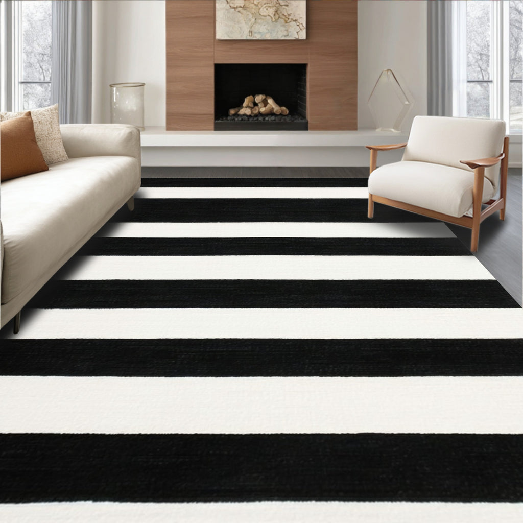 Bold Black & White Striped Rug(Black)