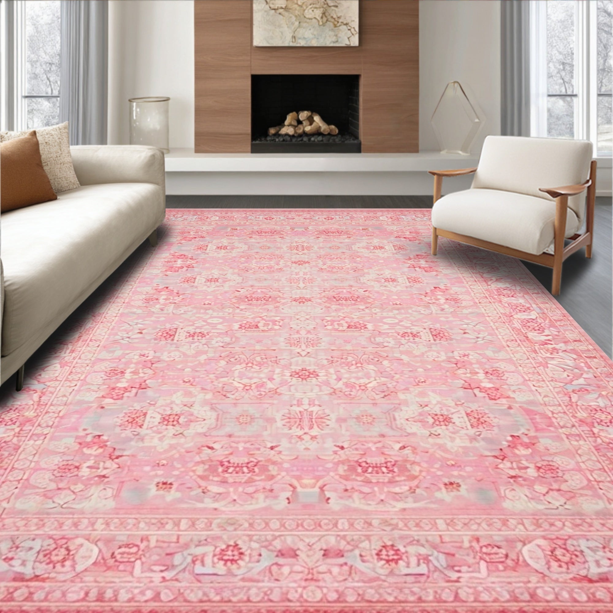 Pink Ornate Floral Romantic Rug(Pink)