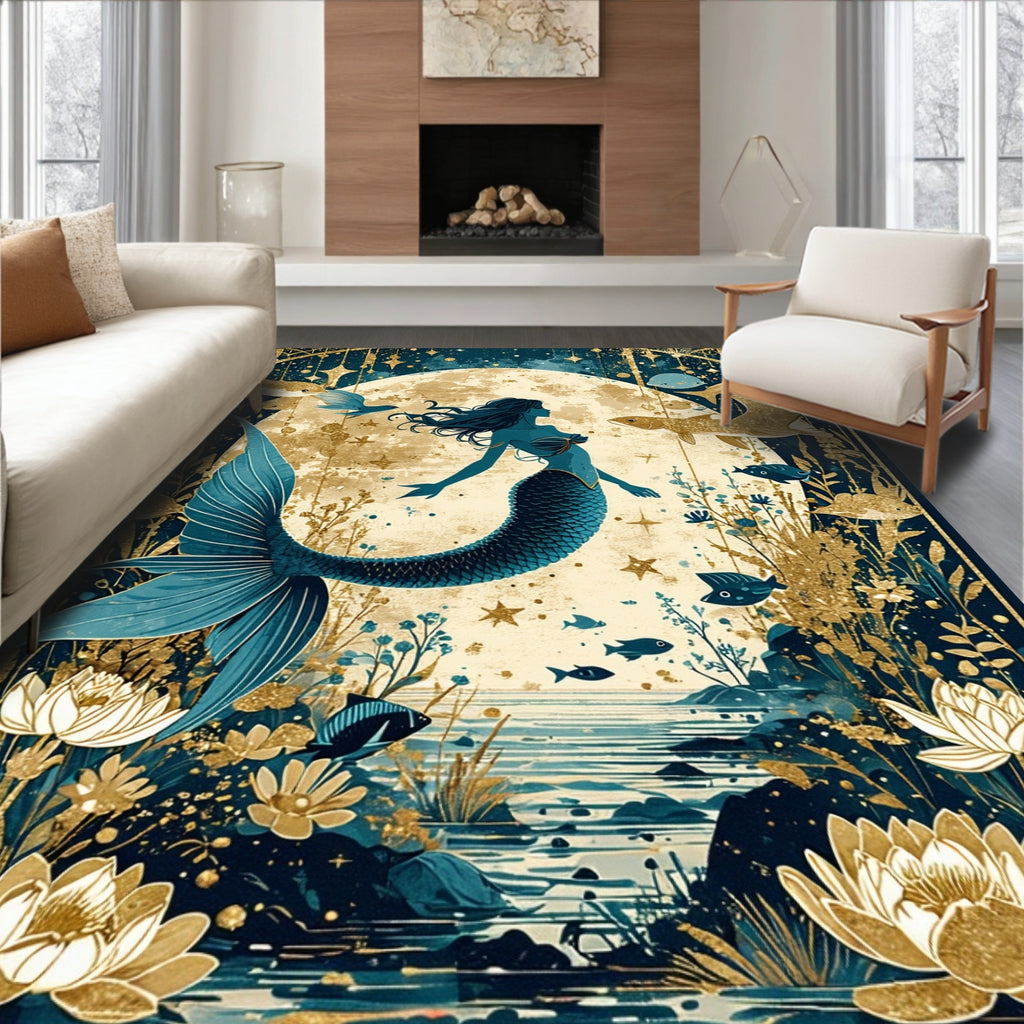 Teal & Gold Enchanted Underwater Mermaid Rug(Blue)