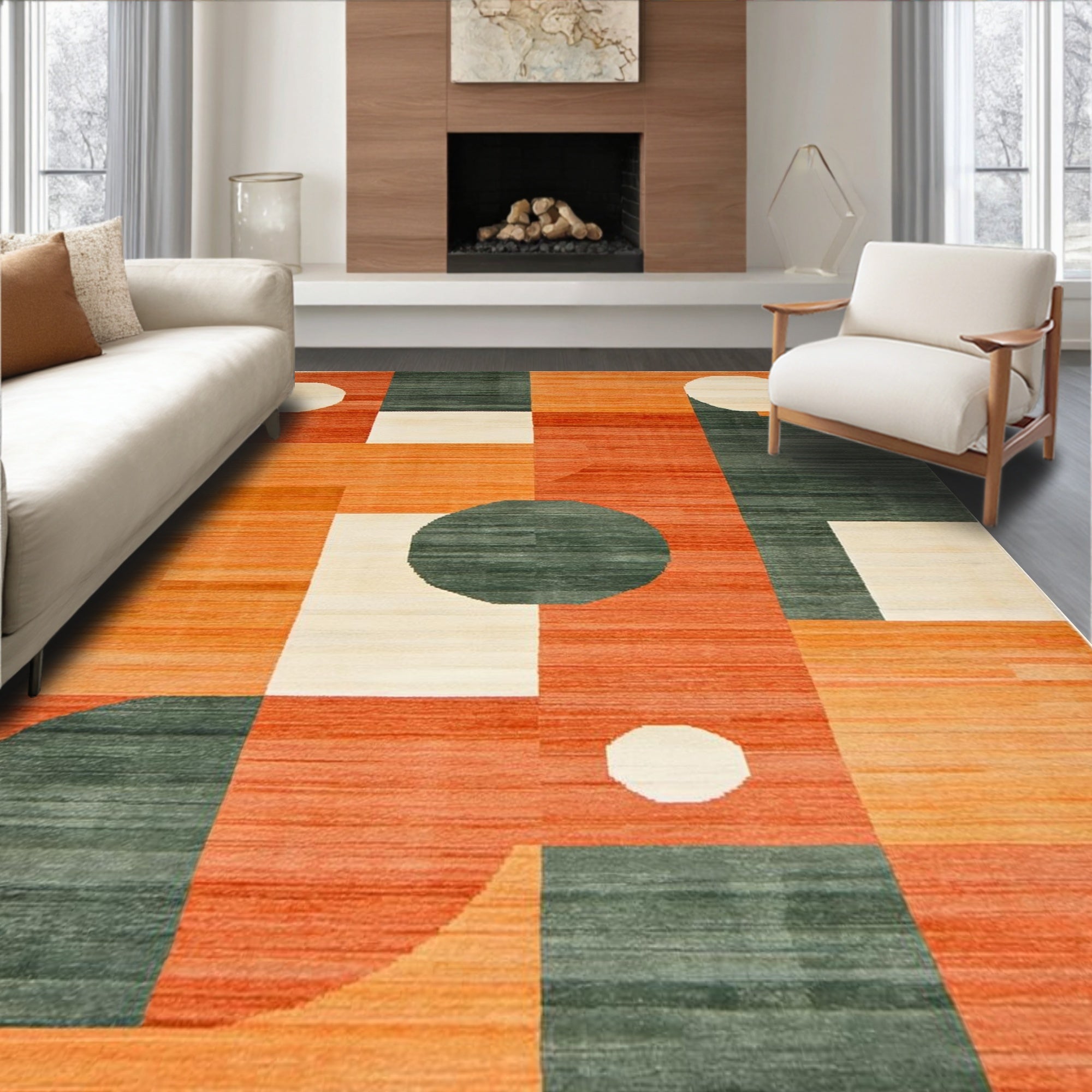 Vibrant geometric orange and gray rug(Orange)