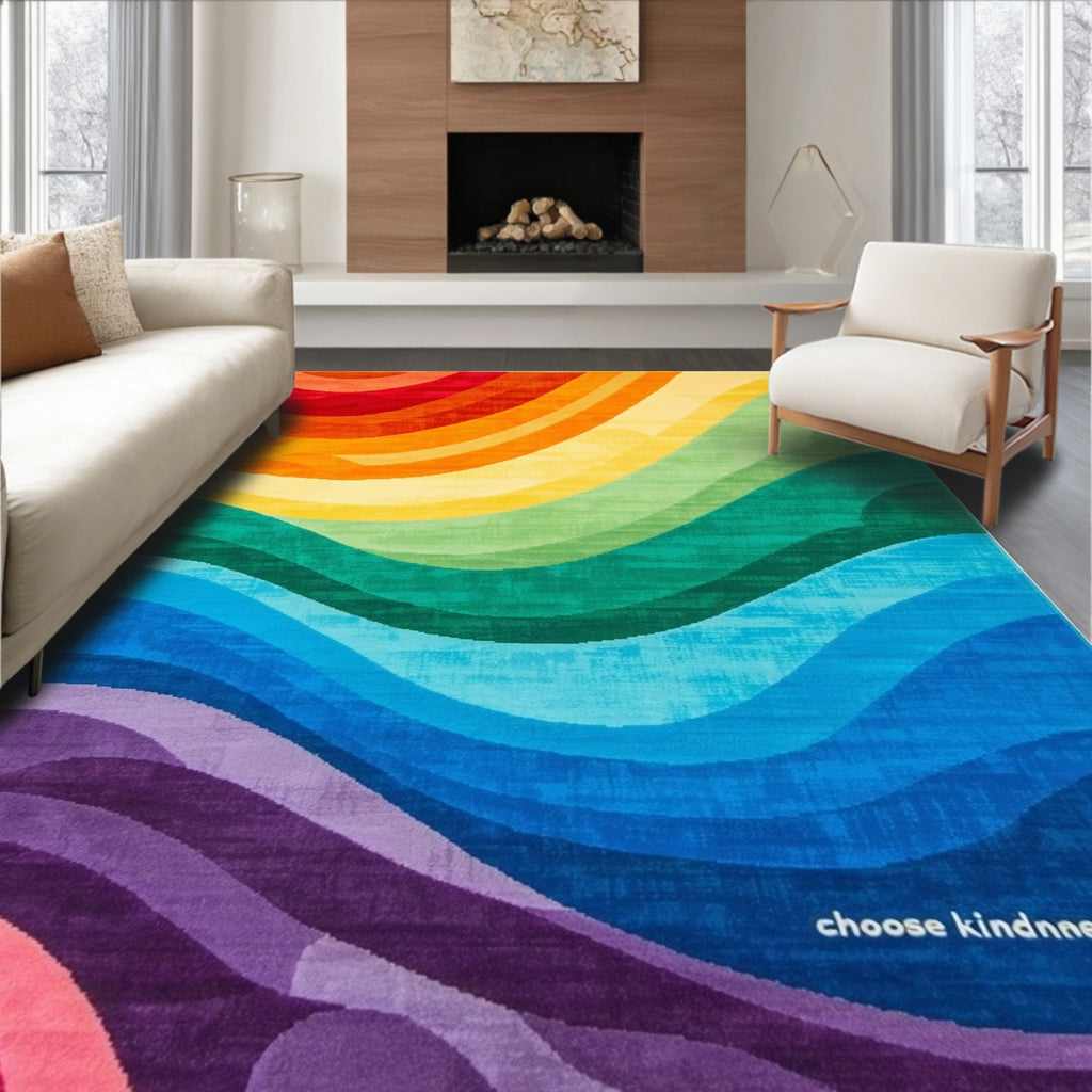 Vibrant rainbow wave rug