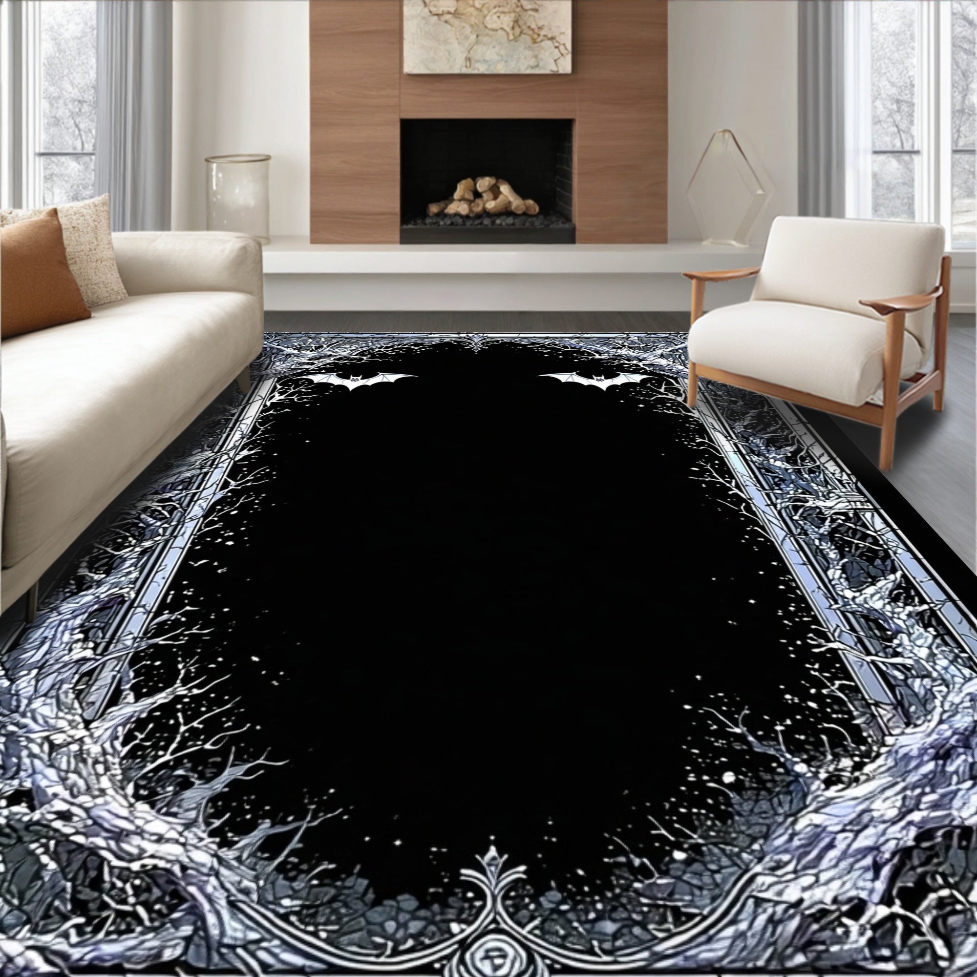 Eerie Black White Tree Bat Rug(Black)
