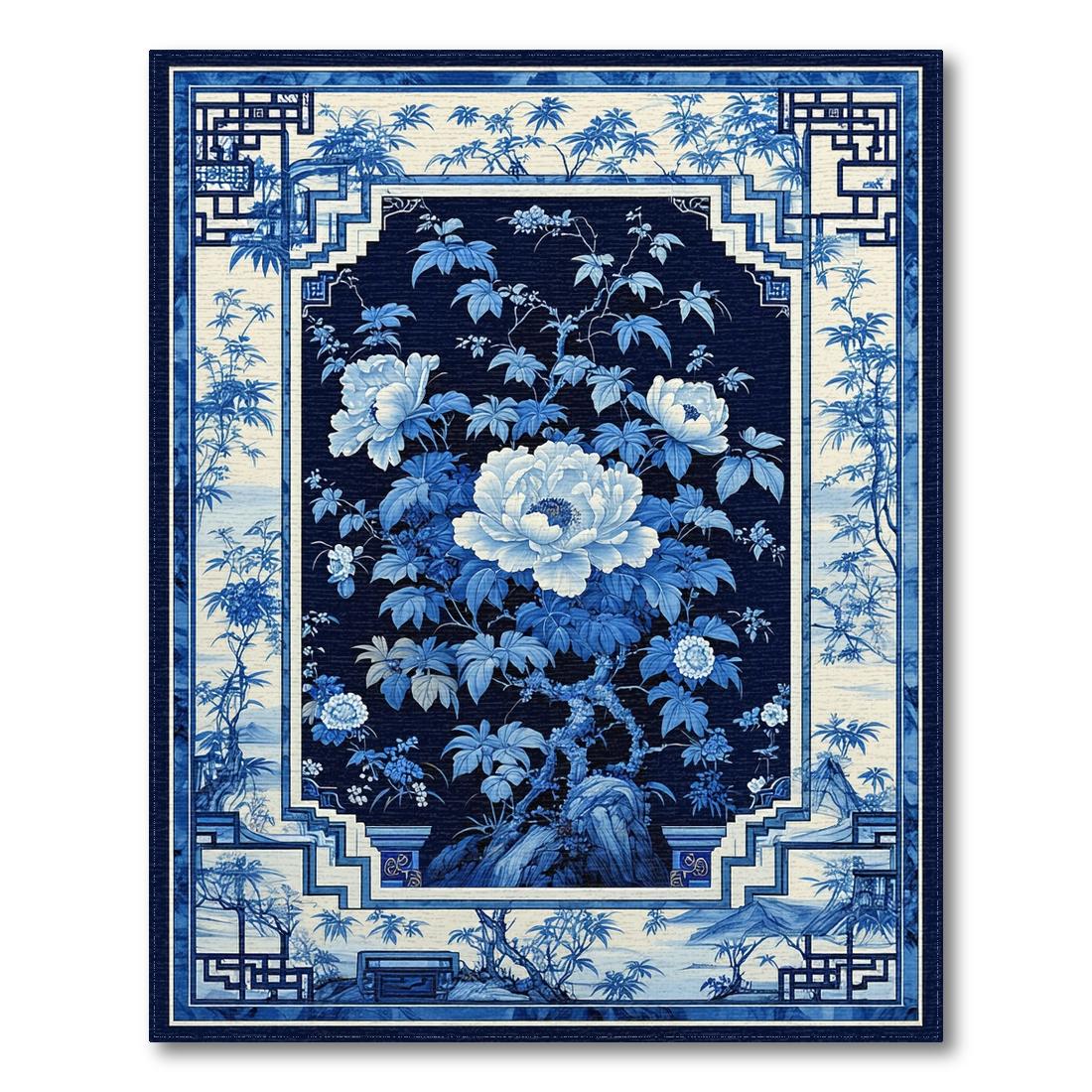 Serene Blue-and-White Traditional Floral Rug(Blue)