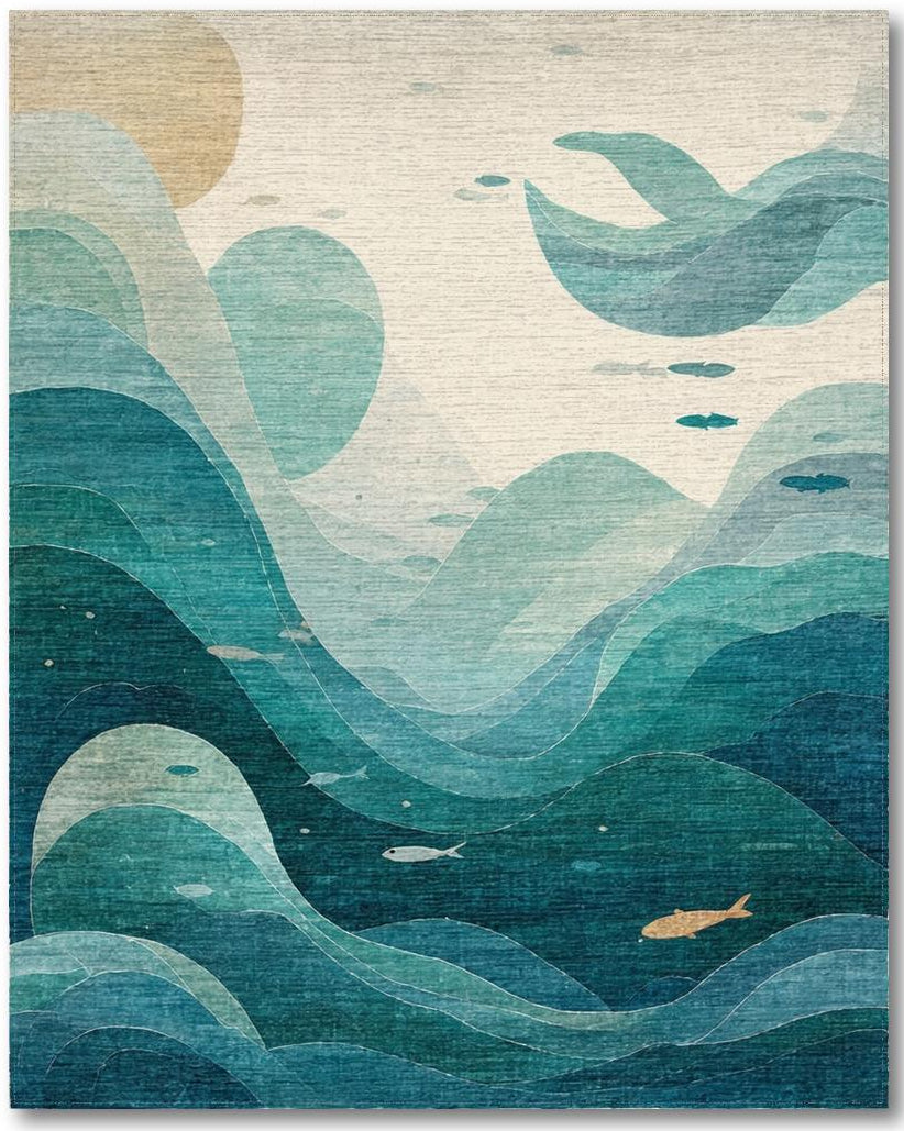 Serene Teal Ocean Wave Fish Rug - Washable Flatwoven Chenille