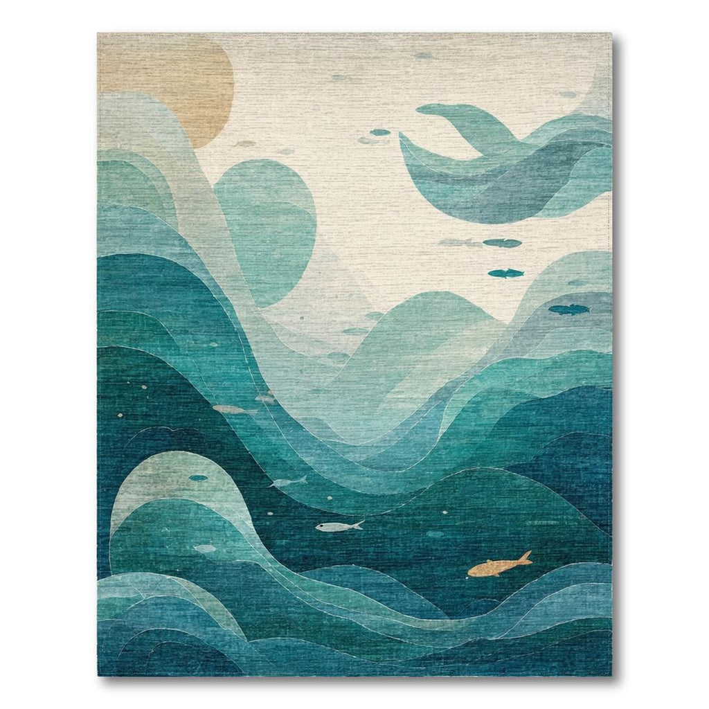 Serene Teal Ocean Wave Fish Rug - Washable Flatwoven Chenille