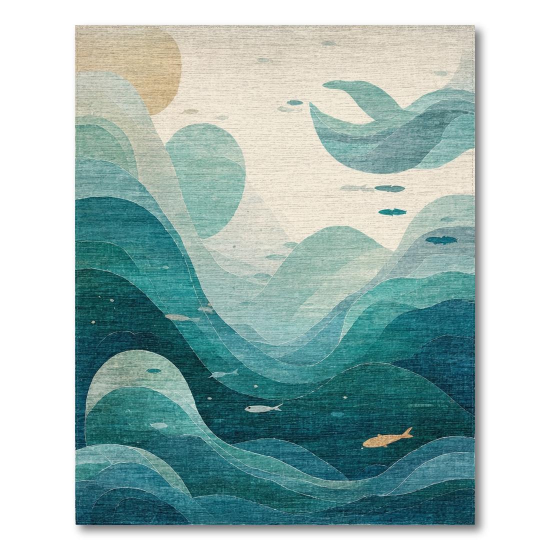 Serene Teal Ocean Wave Fish Rug - Washable Flatwoven Chenille