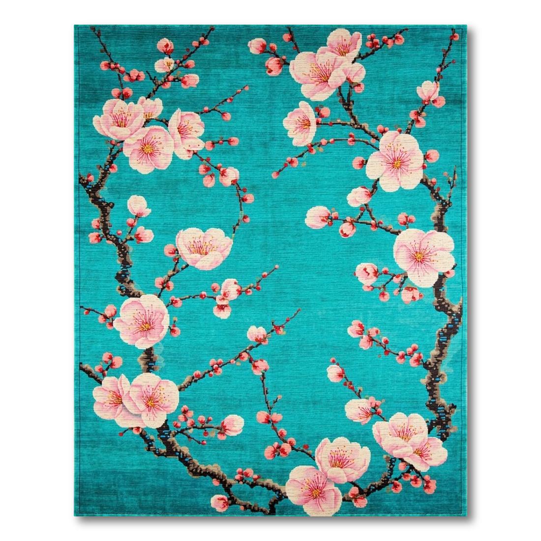 Serene Teal Pink Cherry Blossom Rug(Blue)