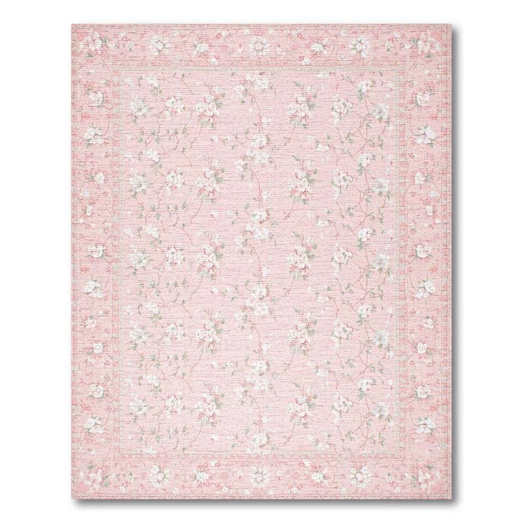Soft Pink Floral Delicate Rug - Washable Flatwoven Chenille
