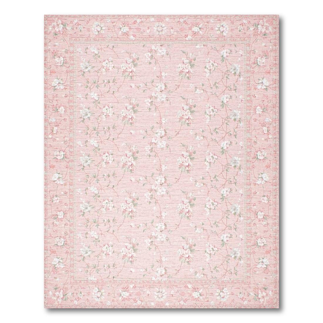 Soft Pink Floral Delicate Rug - Washable Flatwoven Chenille