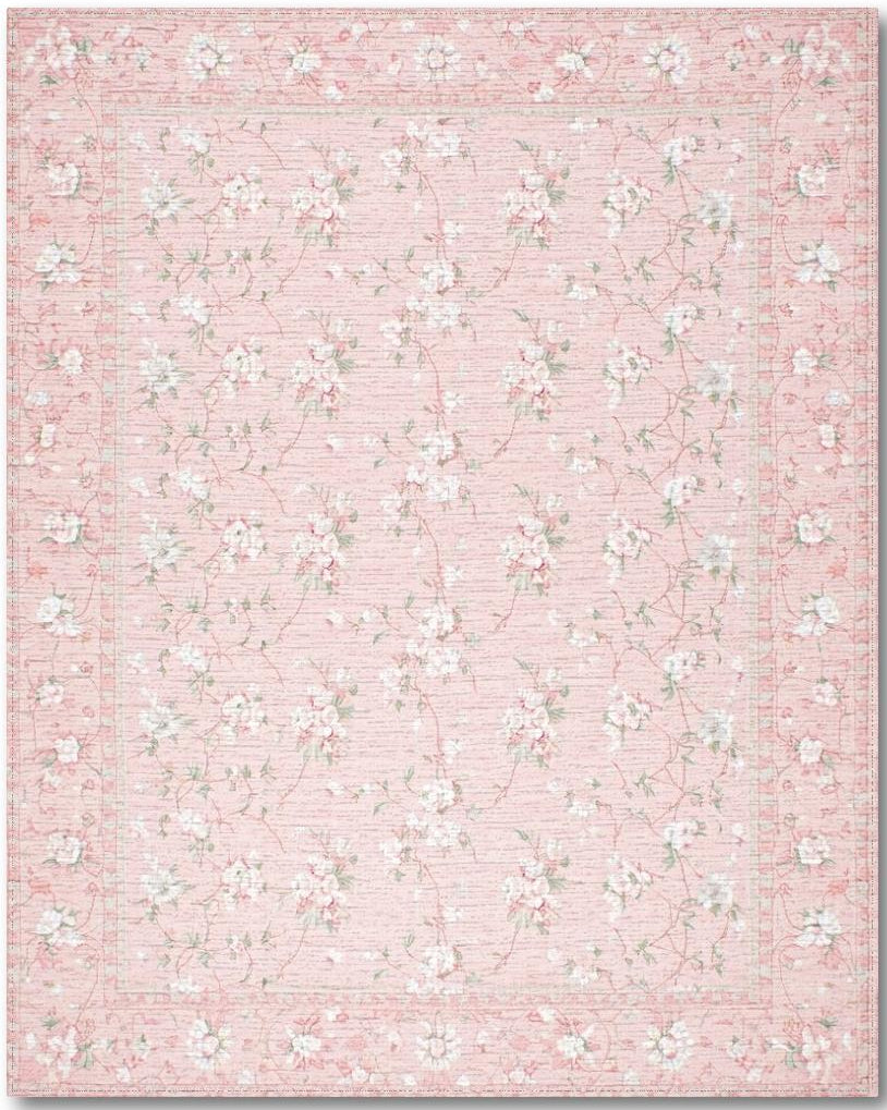 Soft Pink Floral Delicate Rug - Washable Flatwoven Chenille