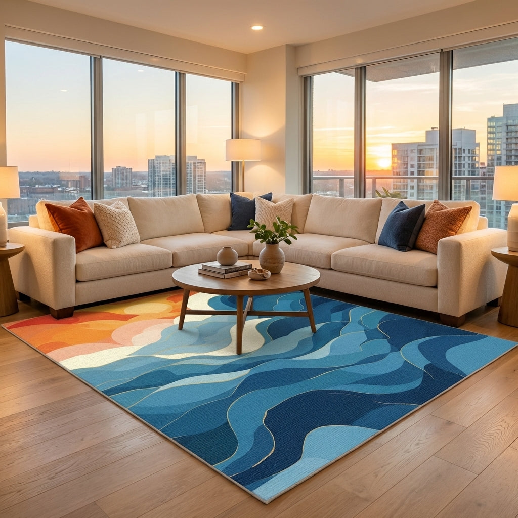 Blue and Orange Sunset Wave Rug
