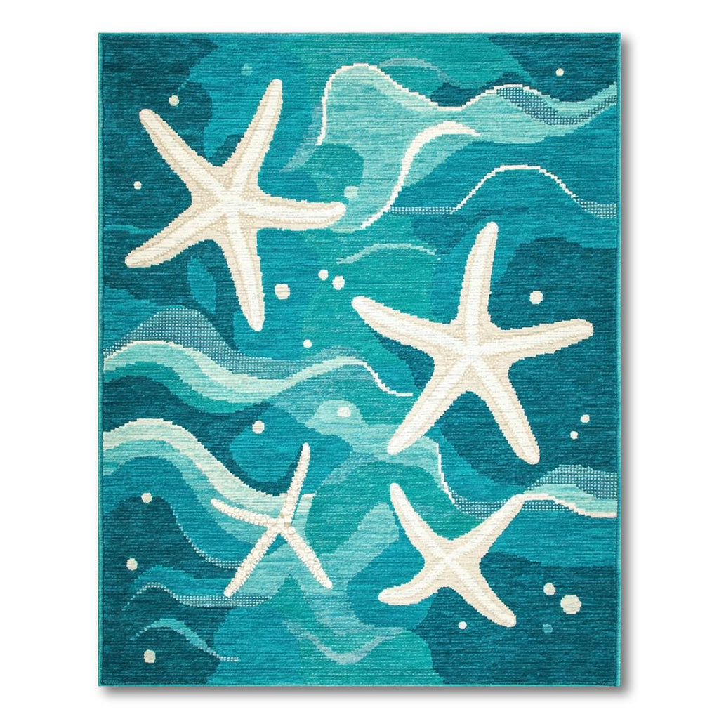 Teal Coastal Starfish Waves Rug(Blue)