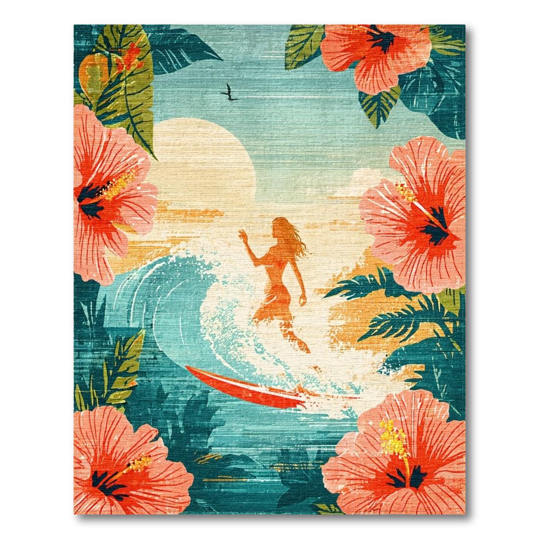 Teal Coral Tropical Hibiscus Surf Rug
