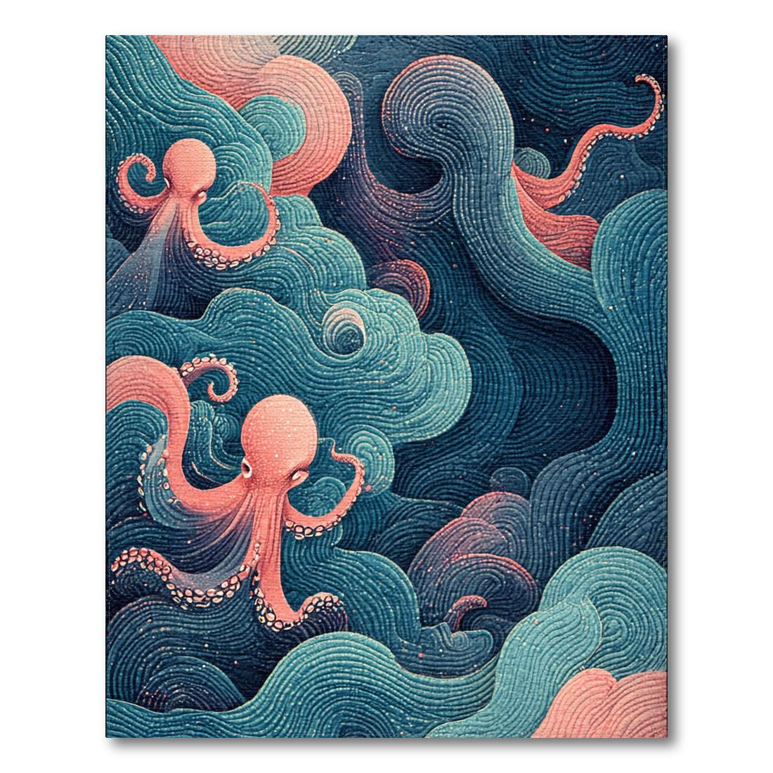 Teal-Coral Whimsical Octopus Wave Rug