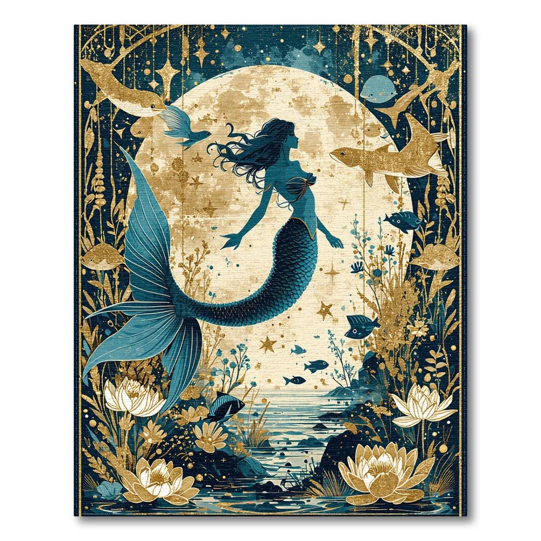 Teal & Gold Enchanted Underwater Mermaid Rug(Blue)