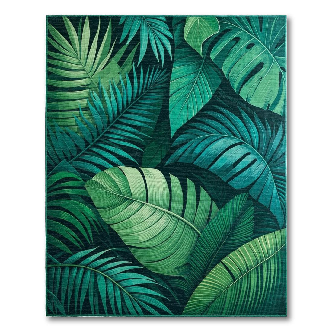 Teal-Green Tropical Leaves Vibrant Rug