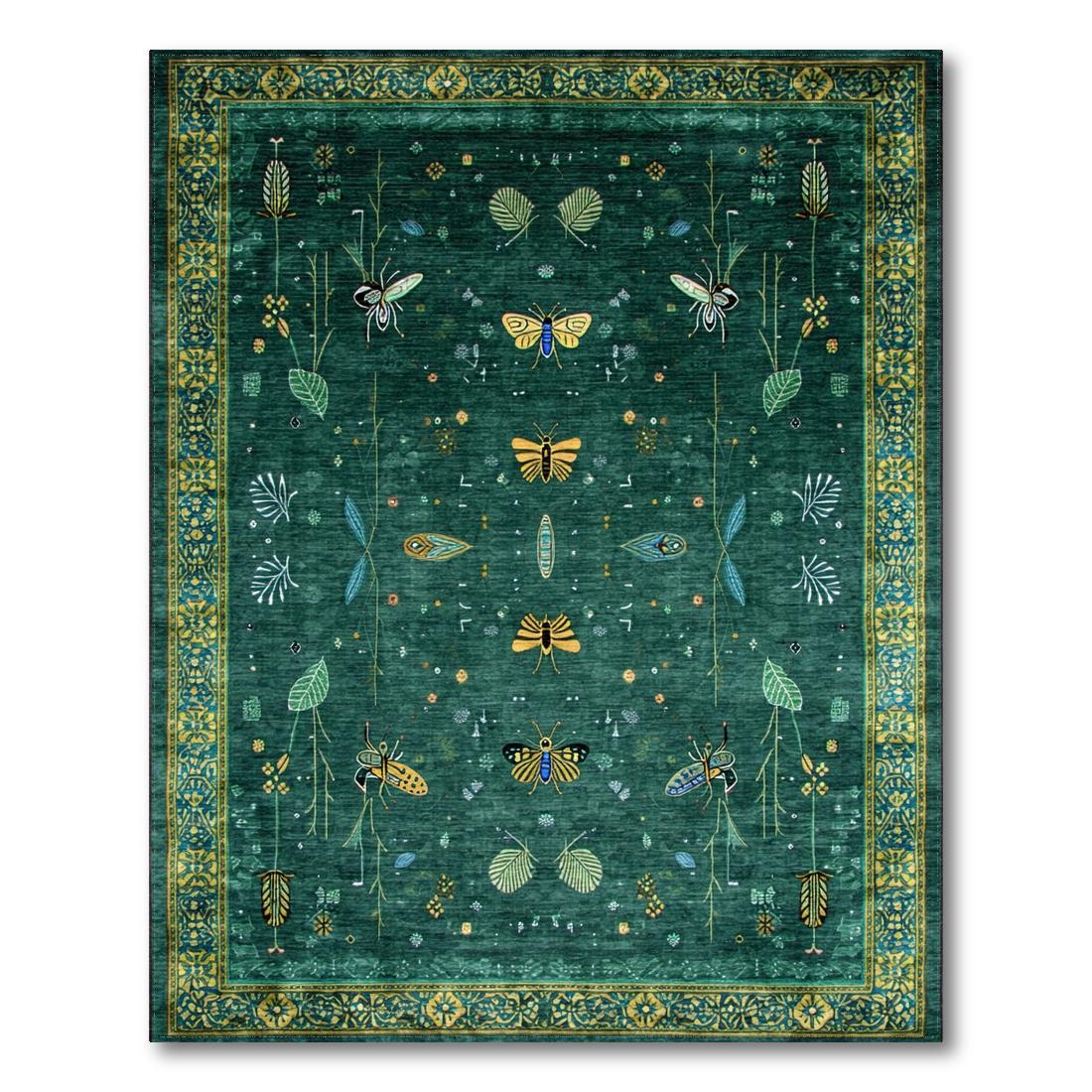 Teal Insect & Floral Whimsical Rug(Green)