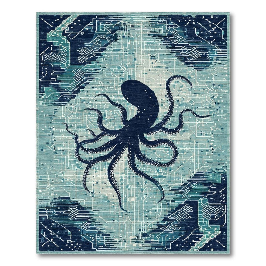Teal Octopus Circuit Futuristic Rug