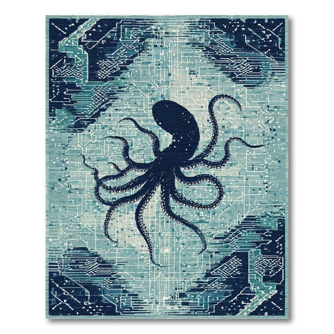 Teal Octopus Circuit Futuristic Rug