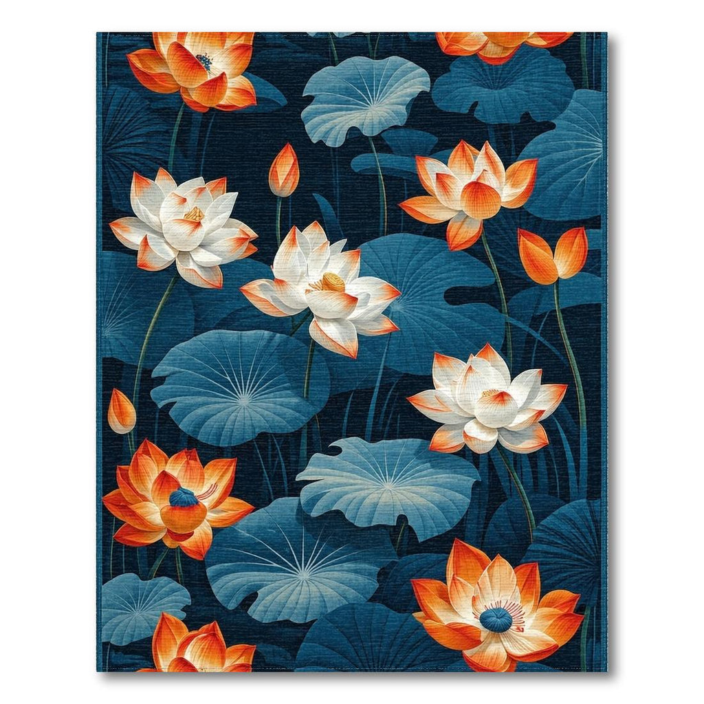 Teal Orange Lotus Floral Serene Rug(Blue)