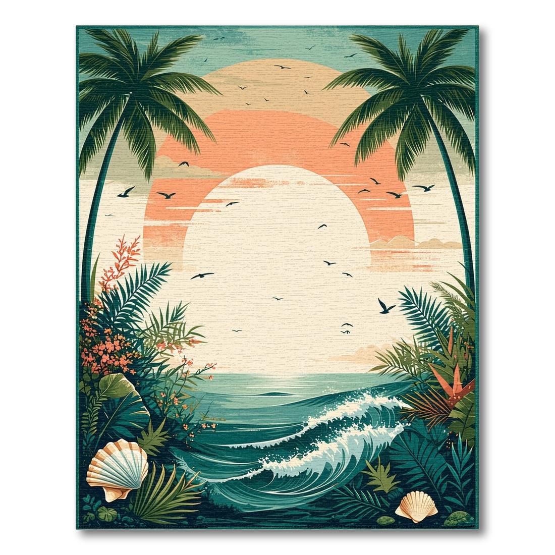 Teal Orange Tropical Sunset Coastal Rug