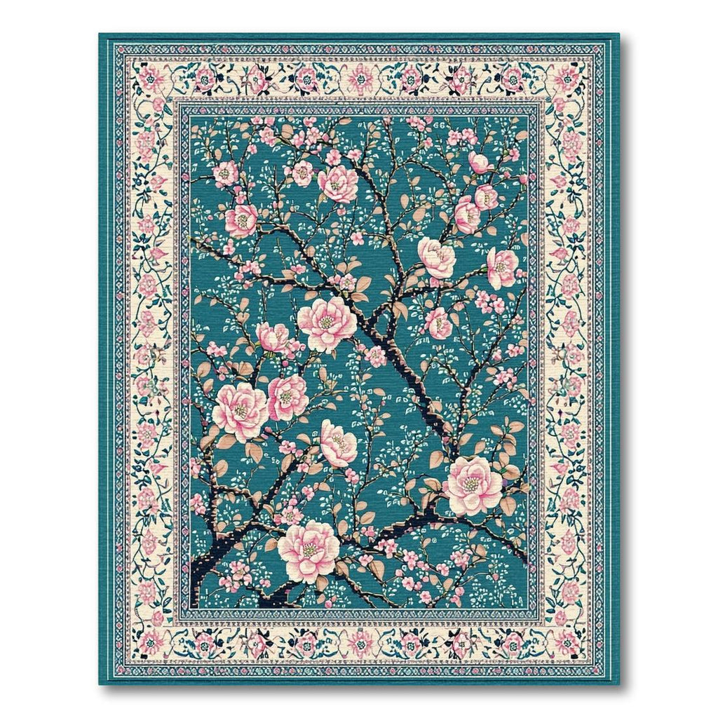 Teal Pink Blossom Branches Serene Rug(Blue)