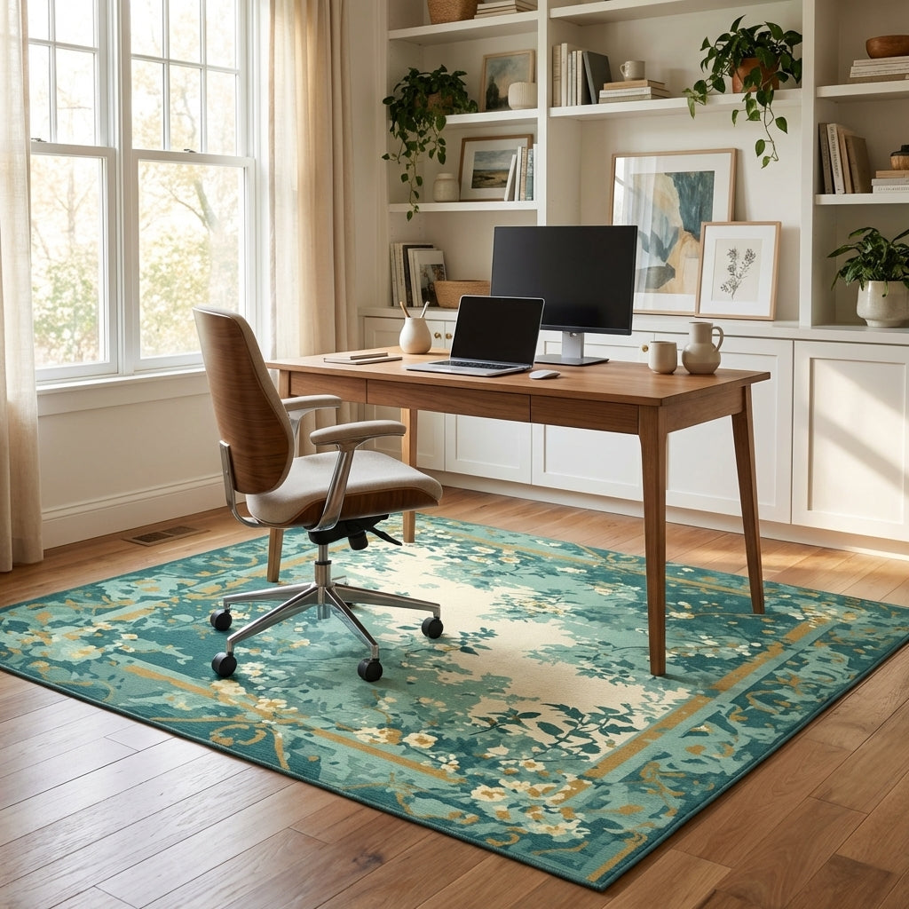 Teal and Gold Floral Botanical Rug