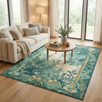 Teal and Gold Floral Botanical Rug