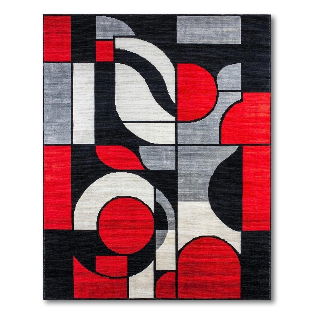 Vibrant Abstract Geometric Red-Black Gray Rug