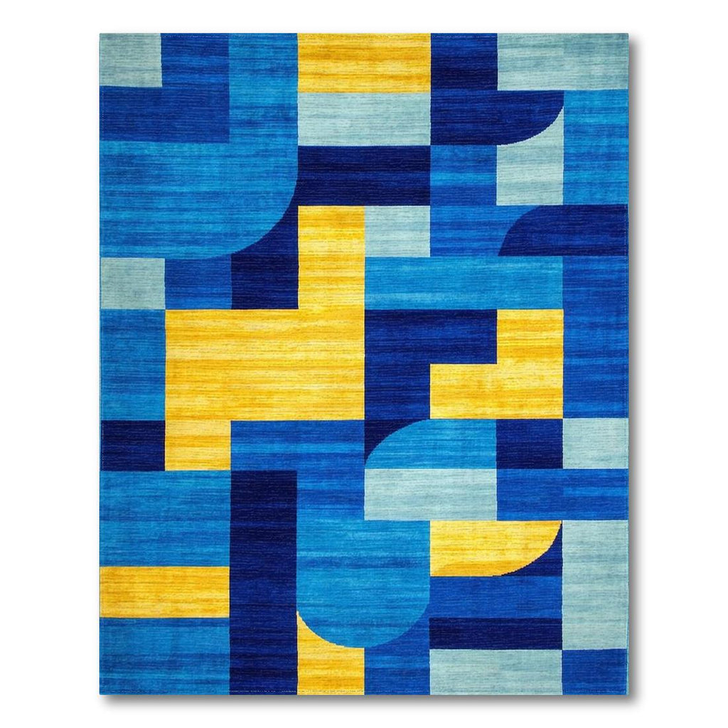 Vibrant blue-yellow geometric modern rug
