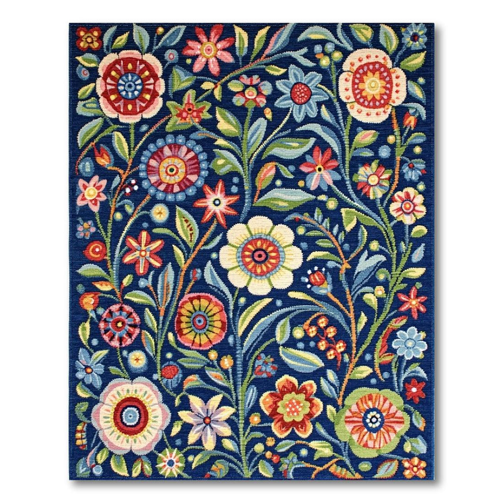 Vibrant Cheerful Navy Floral Rug(Navy)