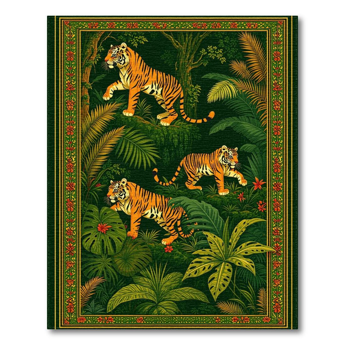 Vibrant Dark Green Jungle Tiger Rug(Green)