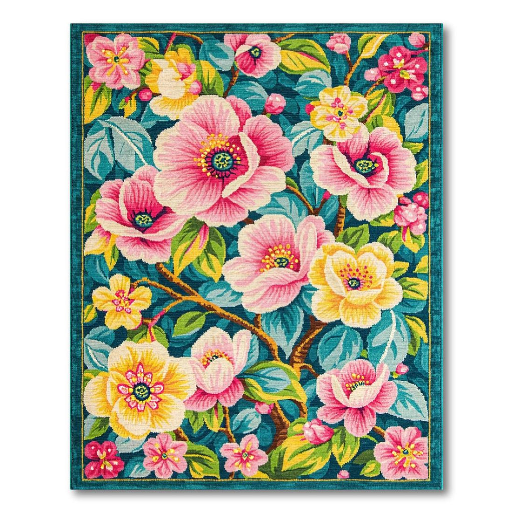 Vibrant Floral Teal Pink Yellow Rug(Blue)