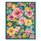 Vibrant Floral Teal Pink Yellow Rug(Blue)