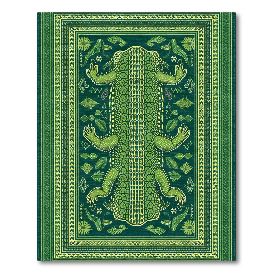 Vibrant Green Alligator & Floral Print Rug(Green)